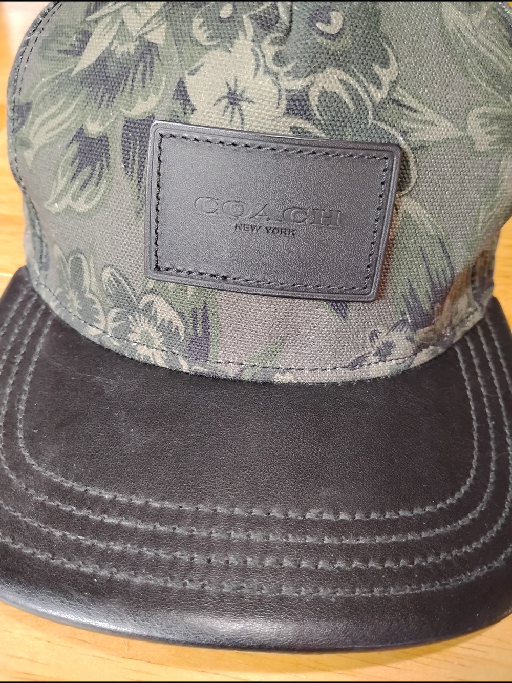 COACH Floral Camouflage Leather Brim Baseball Cap - Olive Green/Black